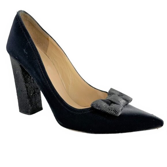 KATE SPADE Black Silk Sparkle Bow Heels Women's Size 6 Evening Pumps - Picture 1 of 8
